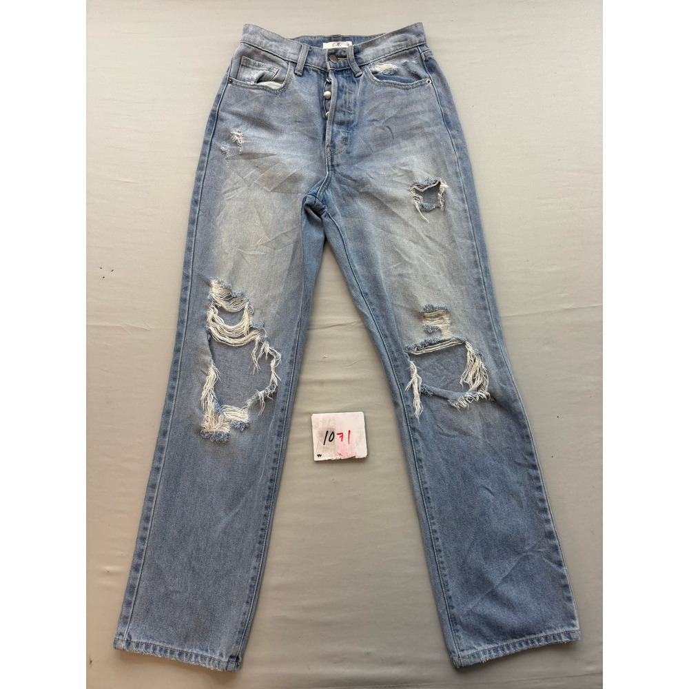Cello High Rise Distressed Straight Leg Jeans Light Wash Button Fly Size 1/25